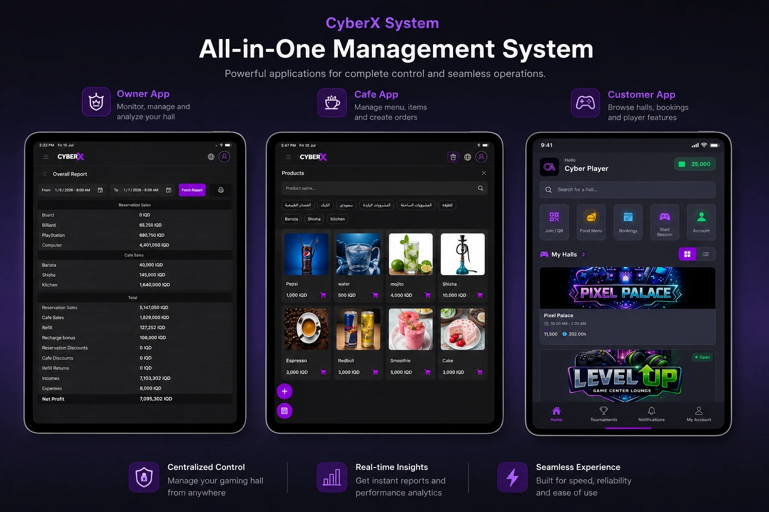 CyberX apps — Owner, Café and Customer