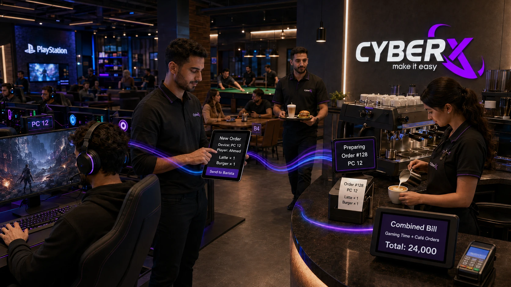 CyberX café, table, barista, kitchen printing, and gaming session order management.