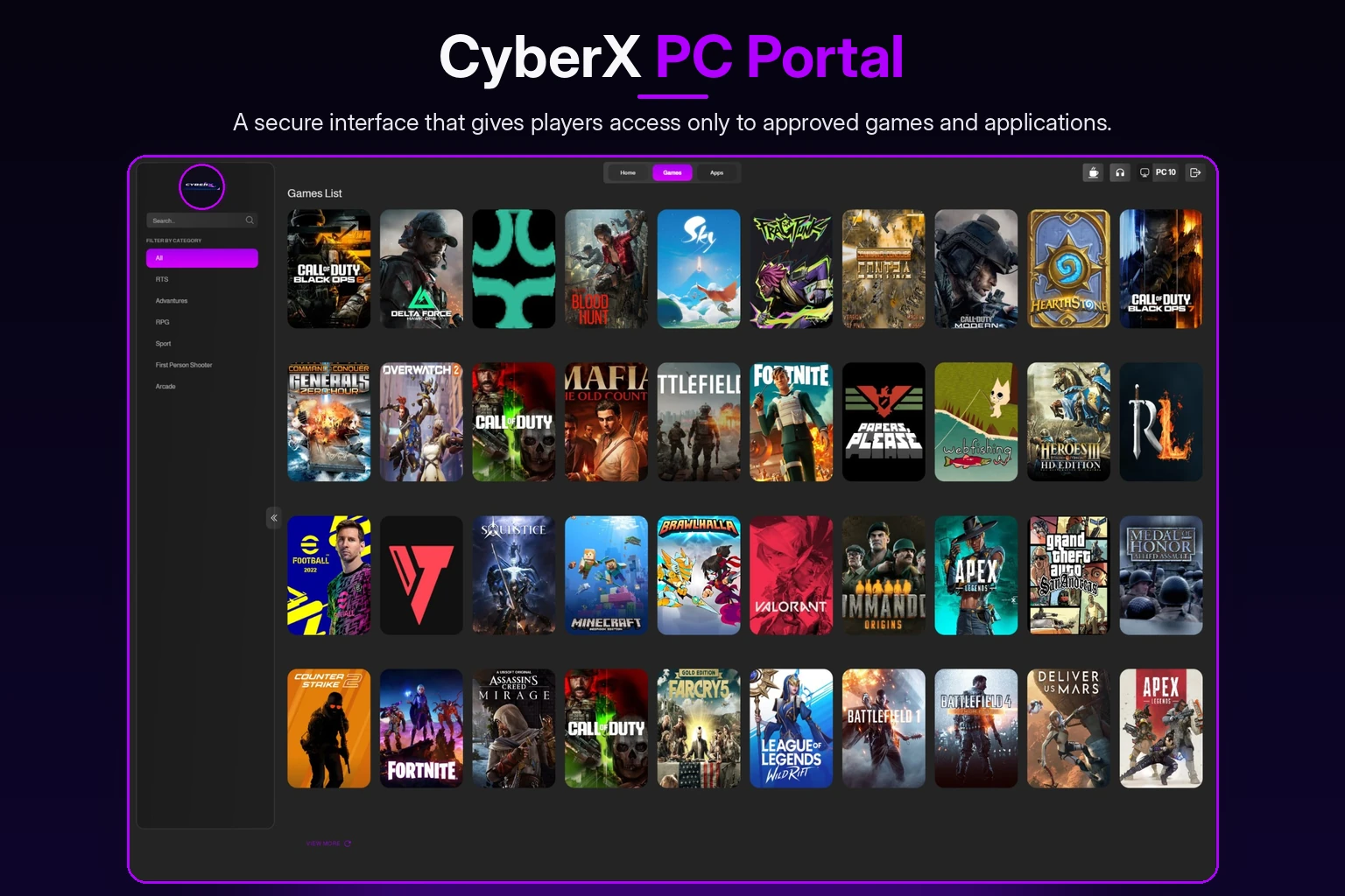 CyberX PC Portal — approved games interface